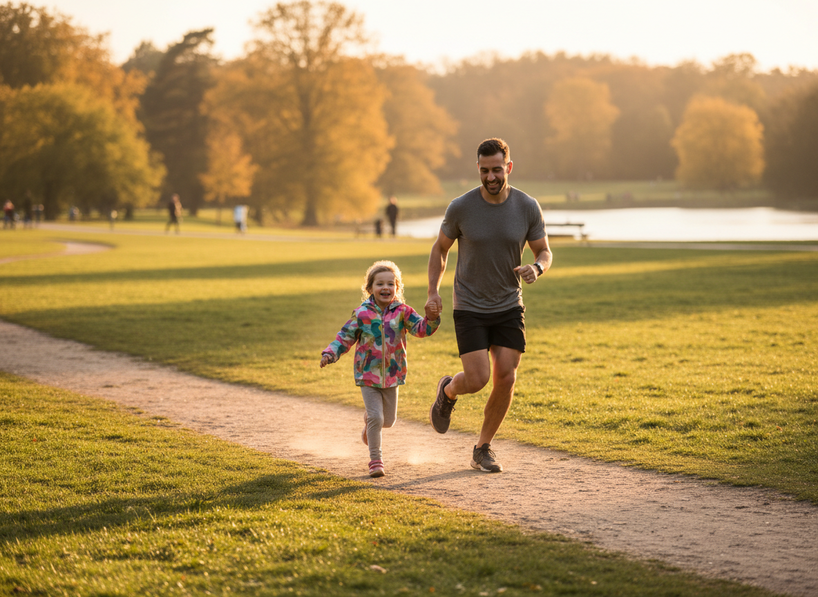 A fit father running outdoors in a park with his young child beside him, warm golden hour light, natural and joyful atmosphere, wide shot, lifestyle photography style